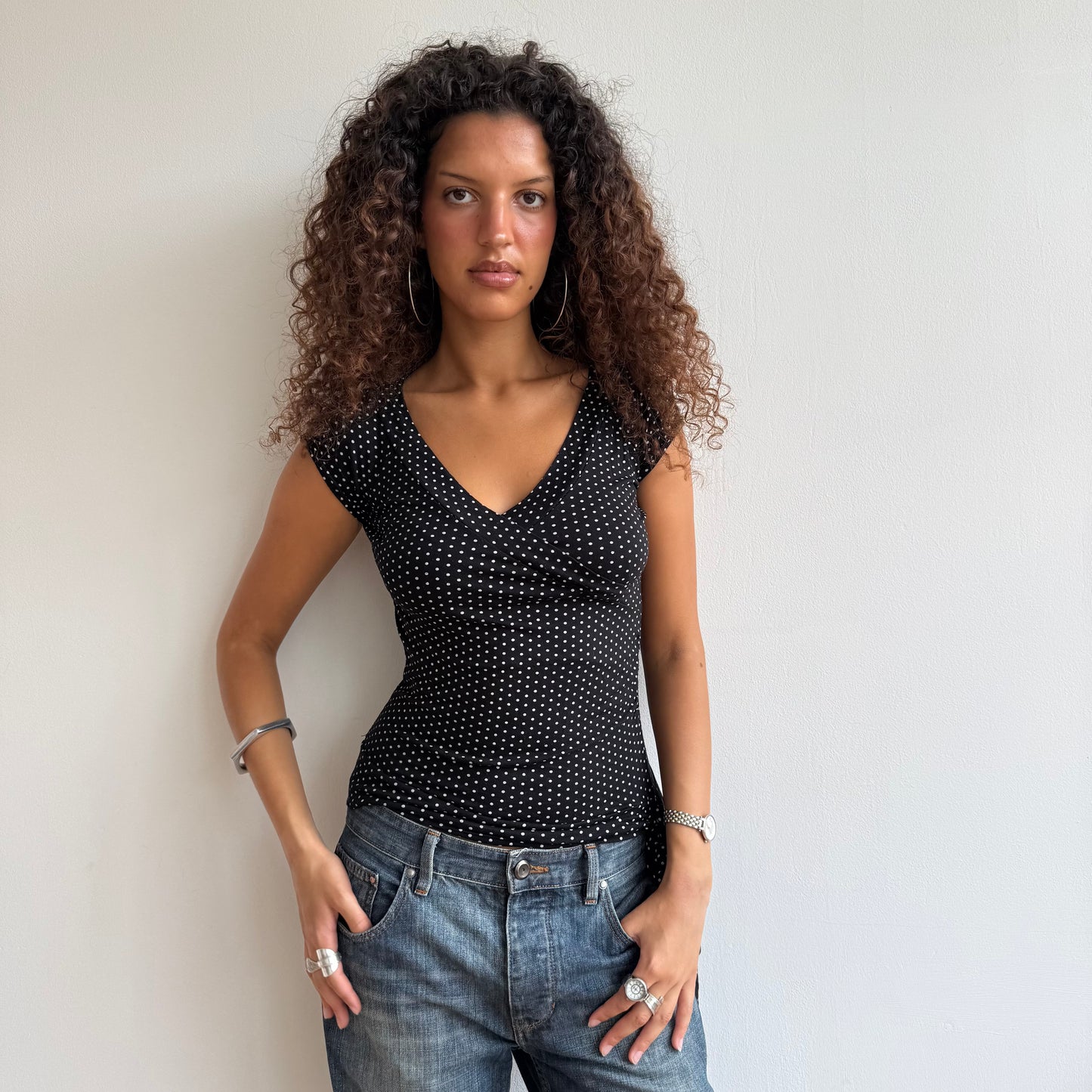 Micro polka dot tie side wrap top - Size M (1)