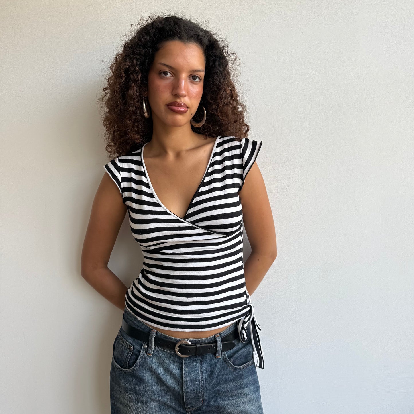 Black and white striped wrap top - Size M