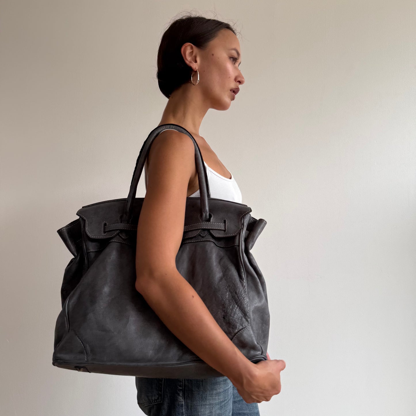 Charcoal leather ‘firkin’ bag - One Size