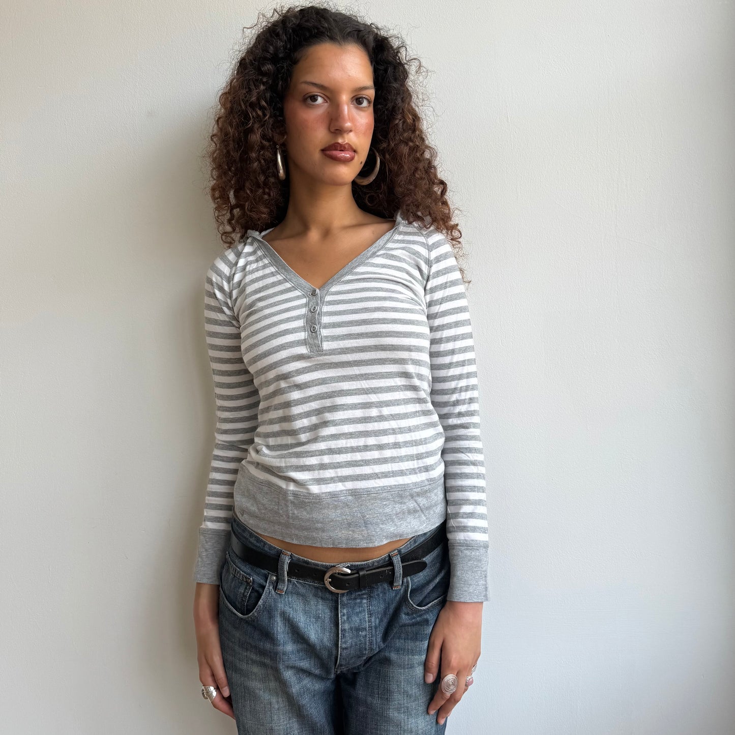 Grey stripe hooded top - Size S