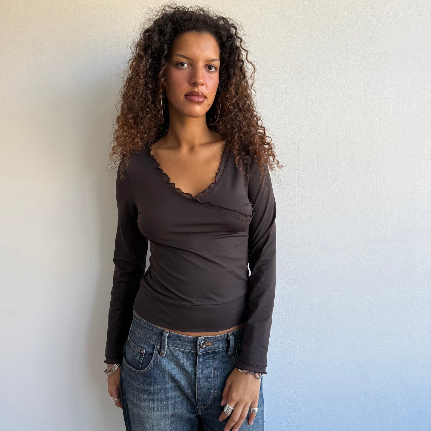 Brown long sleeve wrap ruffle top - Size M