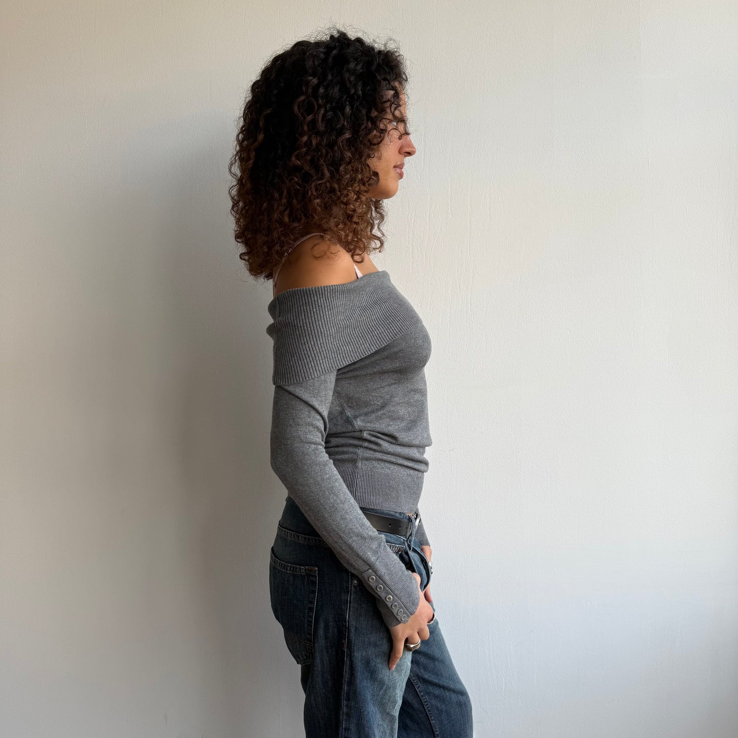 Grey button bardot knit - Size S