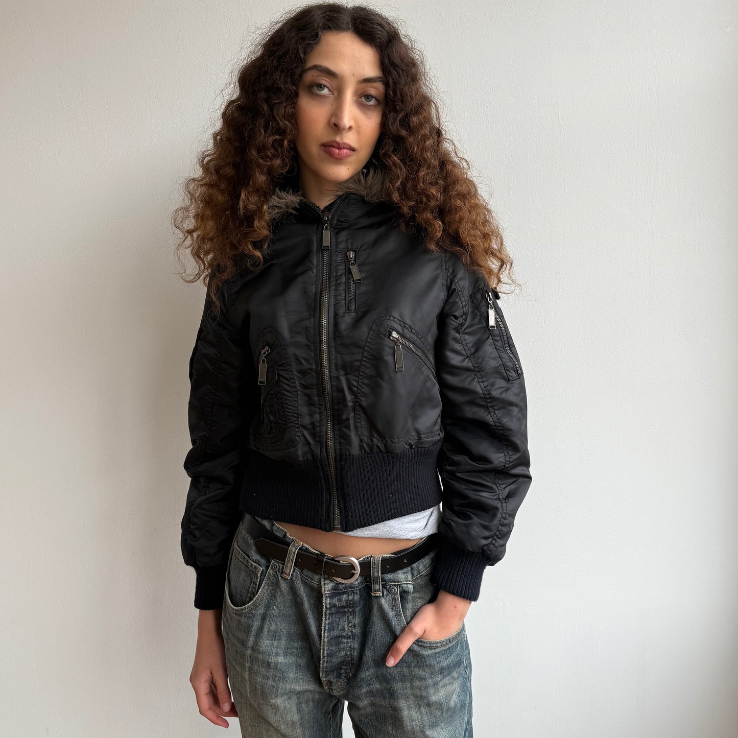Black hooded cropped bomber - Size S