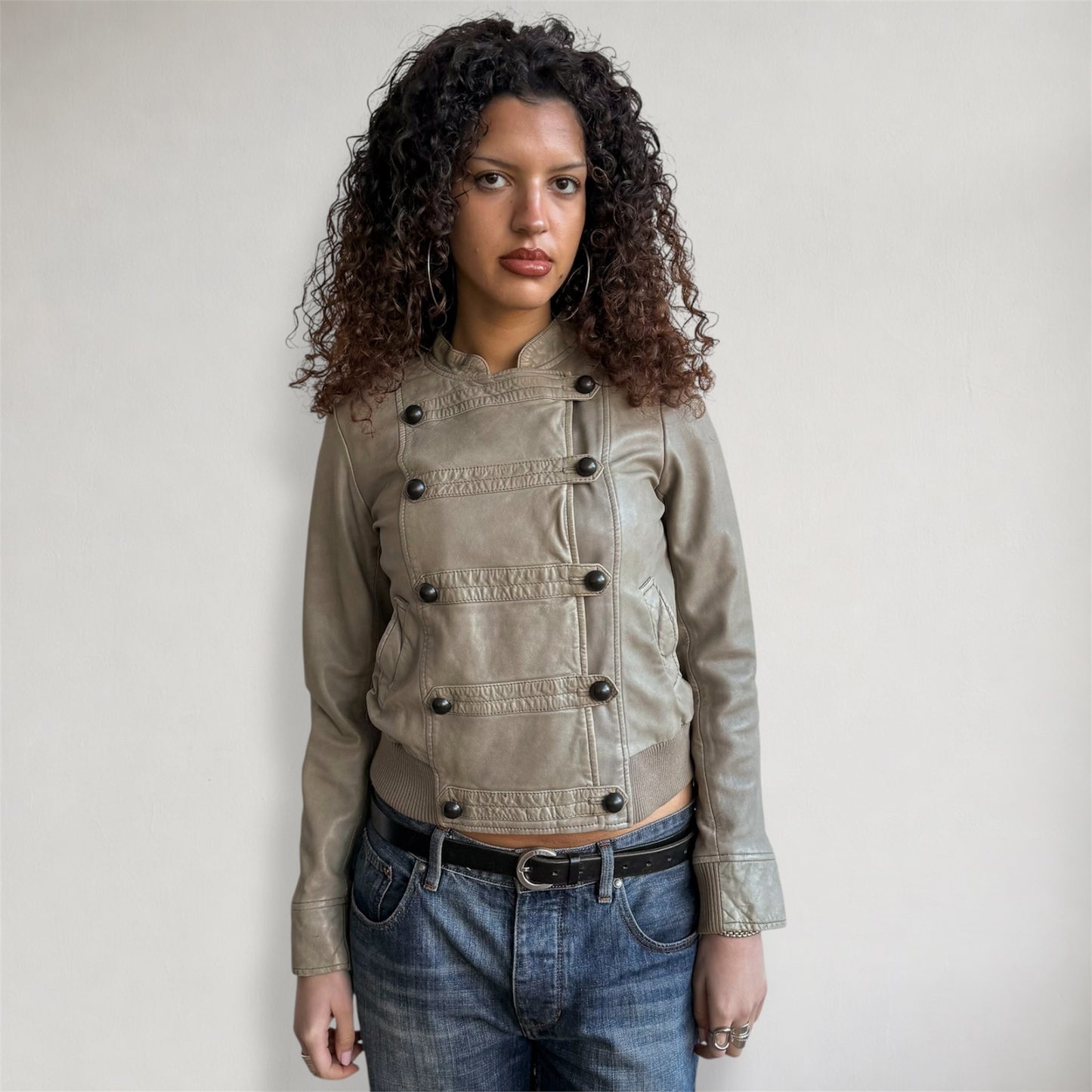 Beige leather military bomber - Size S/M