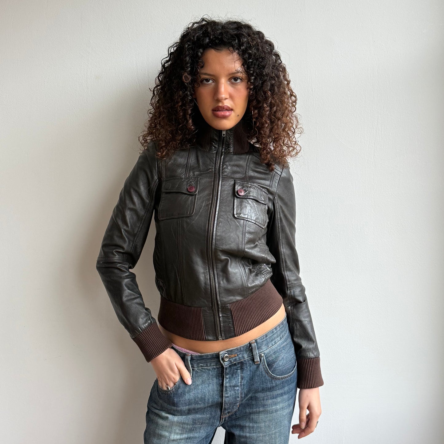 Brown leather jacket - Size S