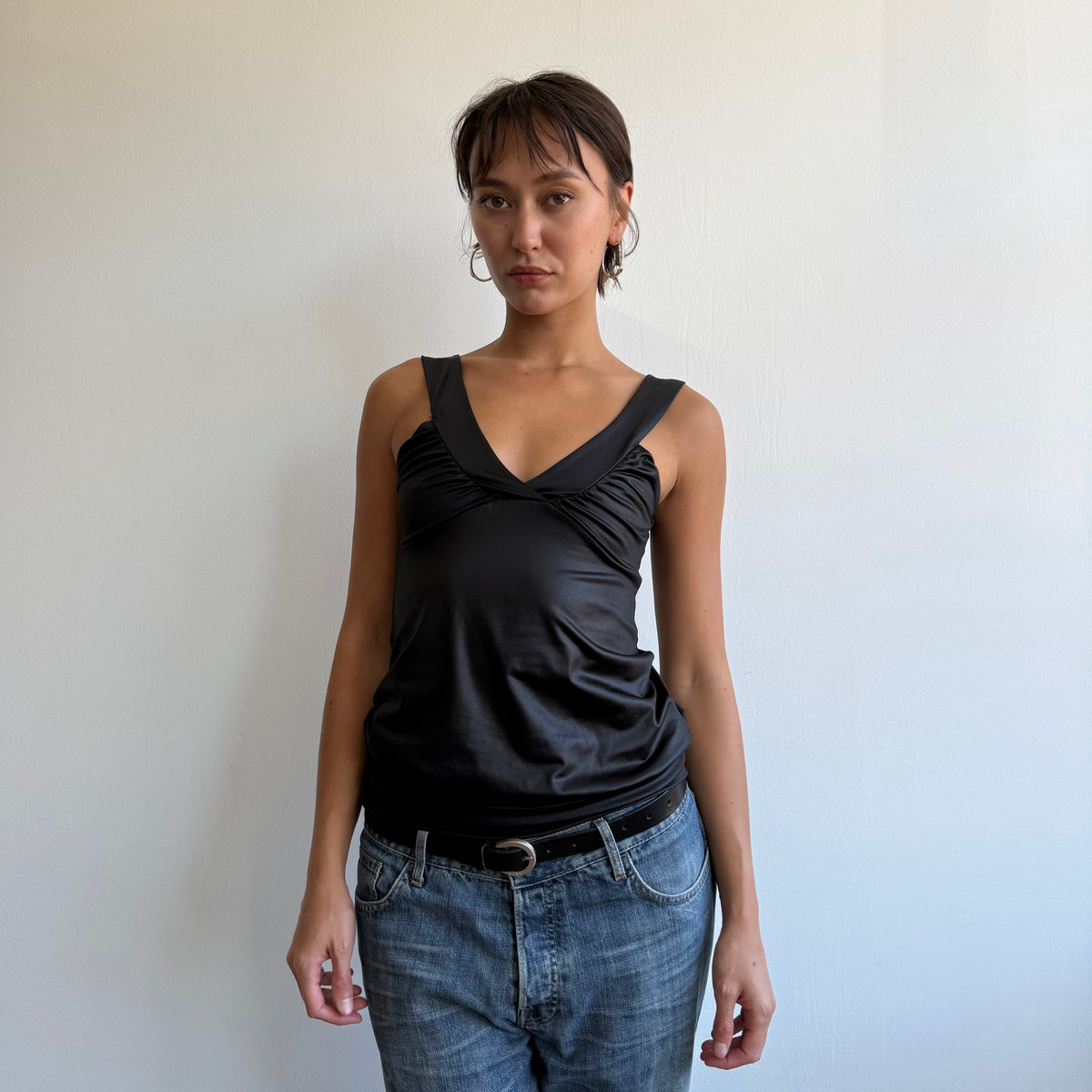 Black wet look cinched top - Size S