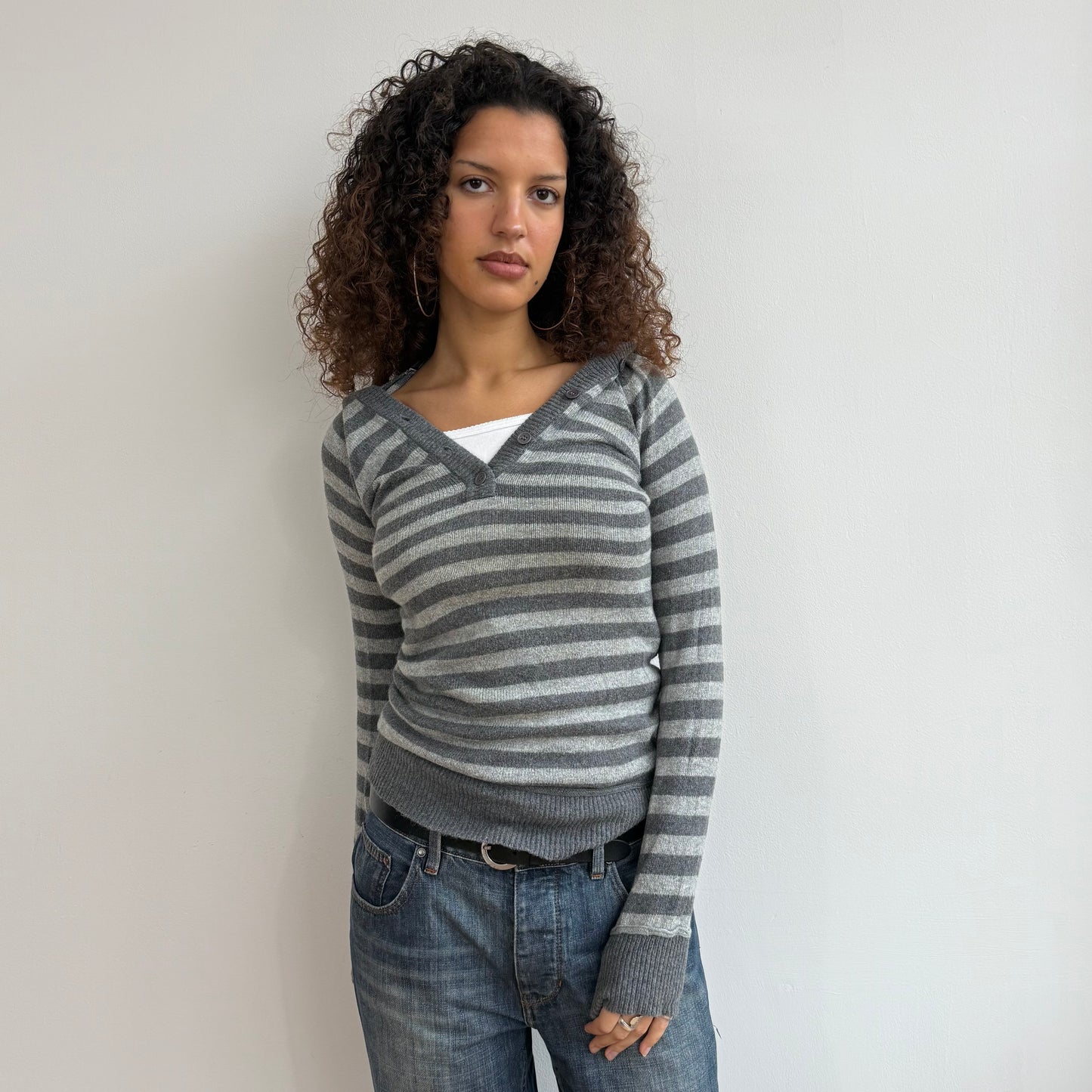 Grey striped knit hoodie - Size S