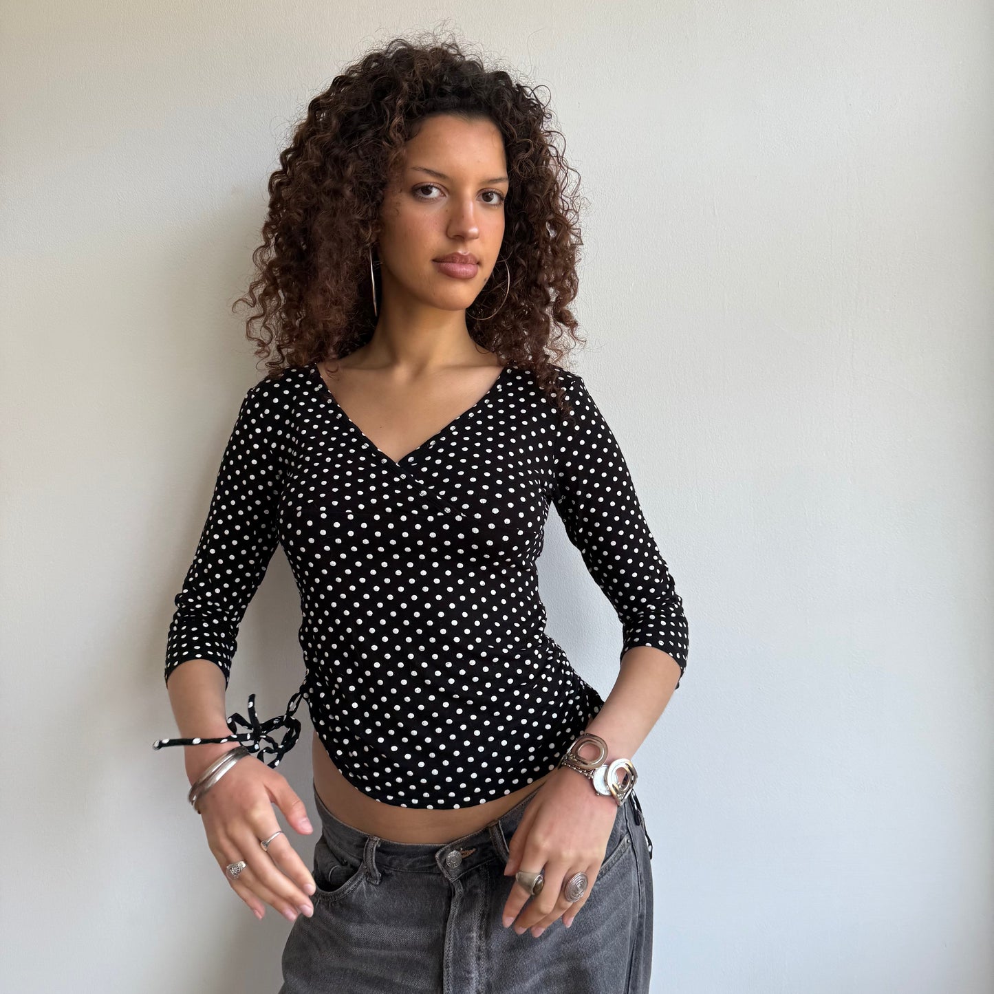 Polka dot ruched tie side top - Size S/M