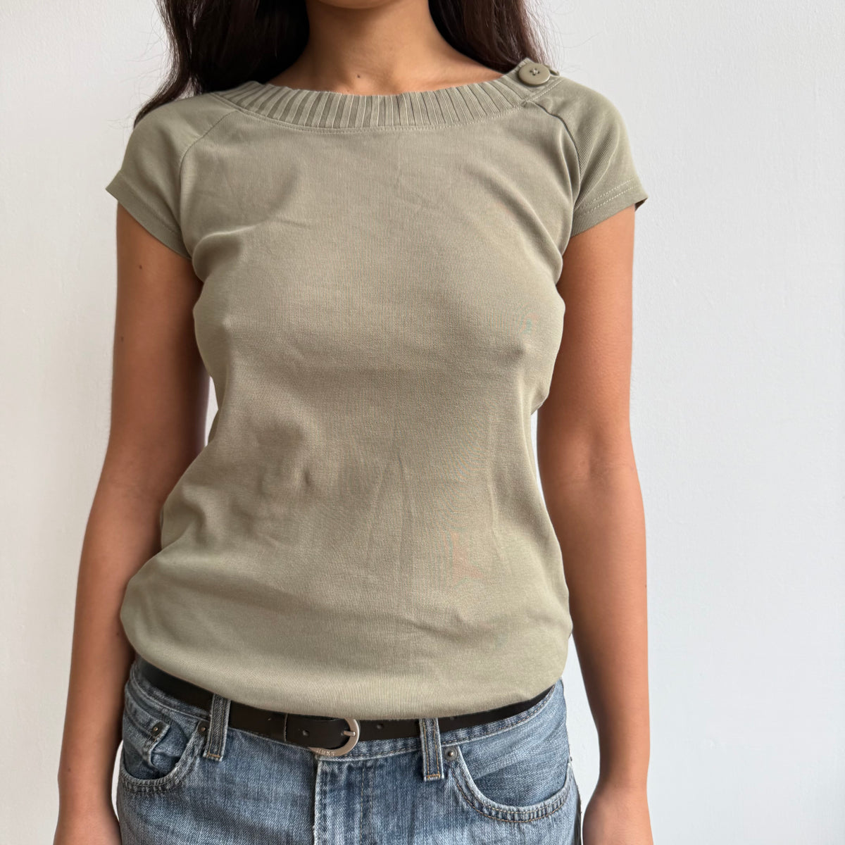 Khaki short sleeve button top - Size M