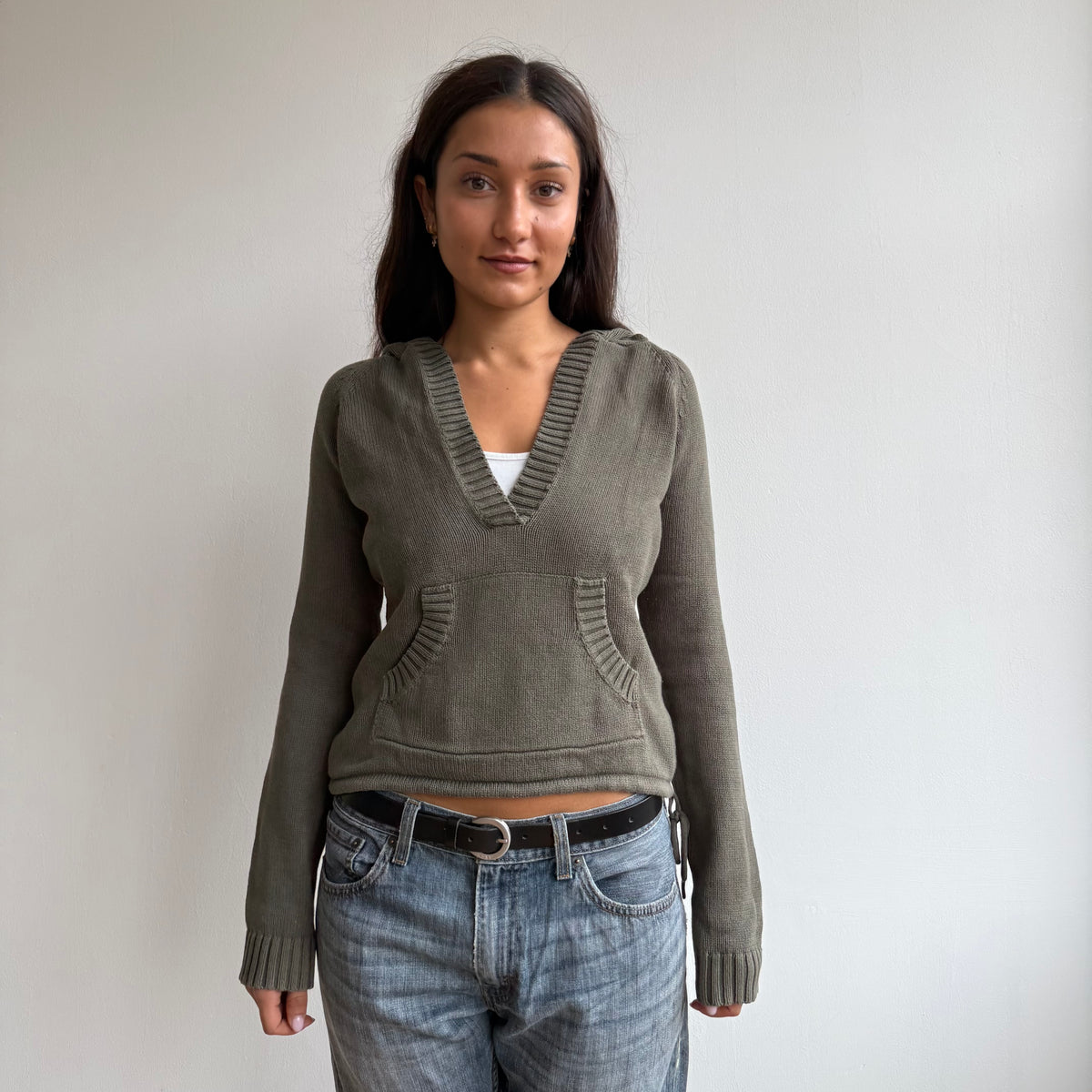 Khaki v-neck knit hoodie - Size S-M