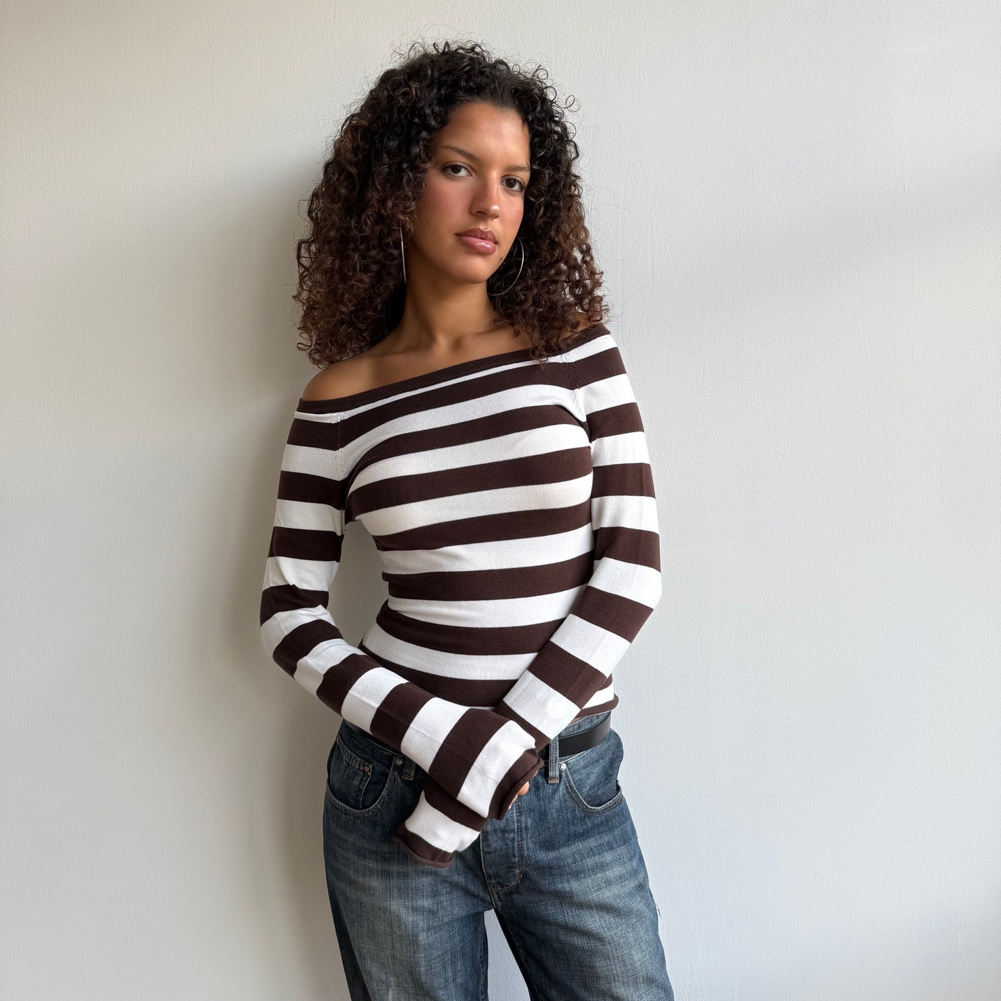Brown and white striped Bardot knit - Size S