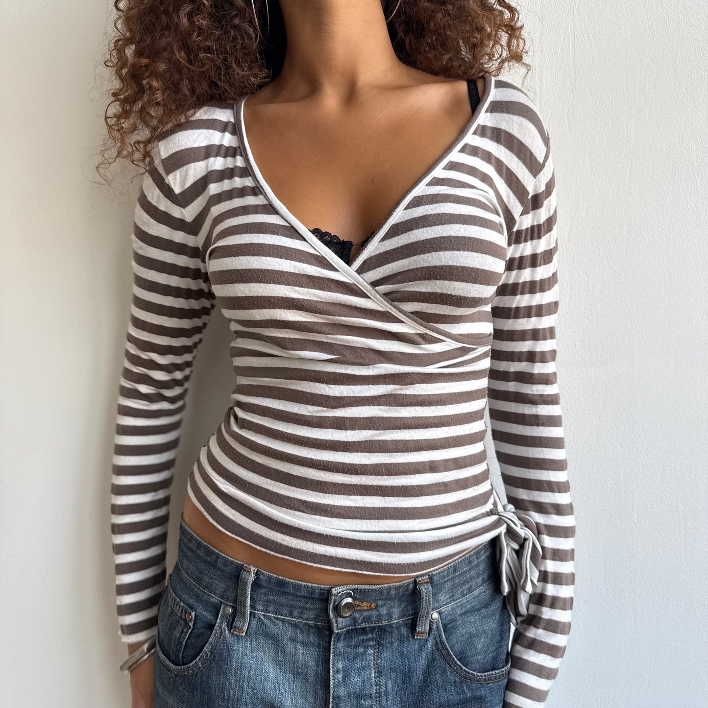 Brown and white striped wrap top - Size S/M