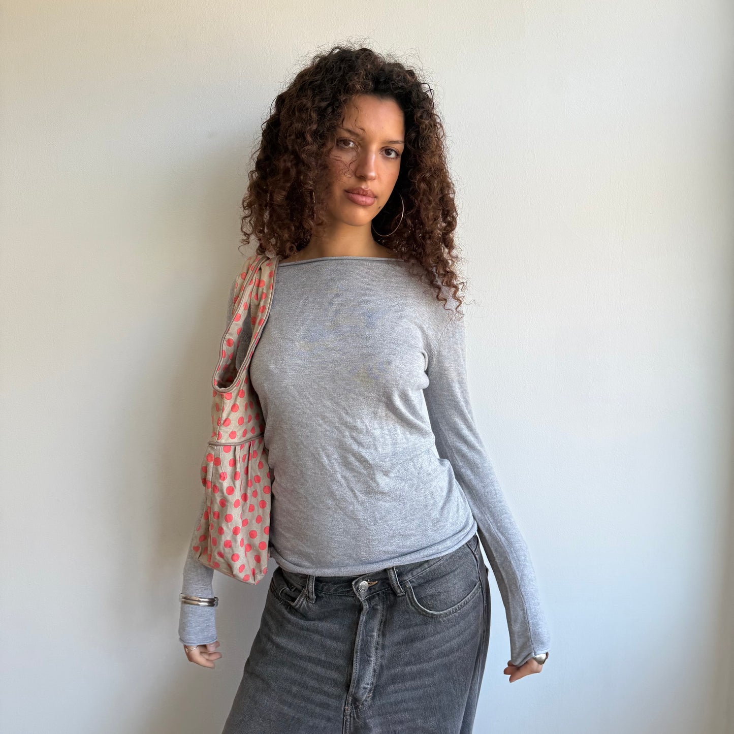 Khaki + orange polka dot bag
