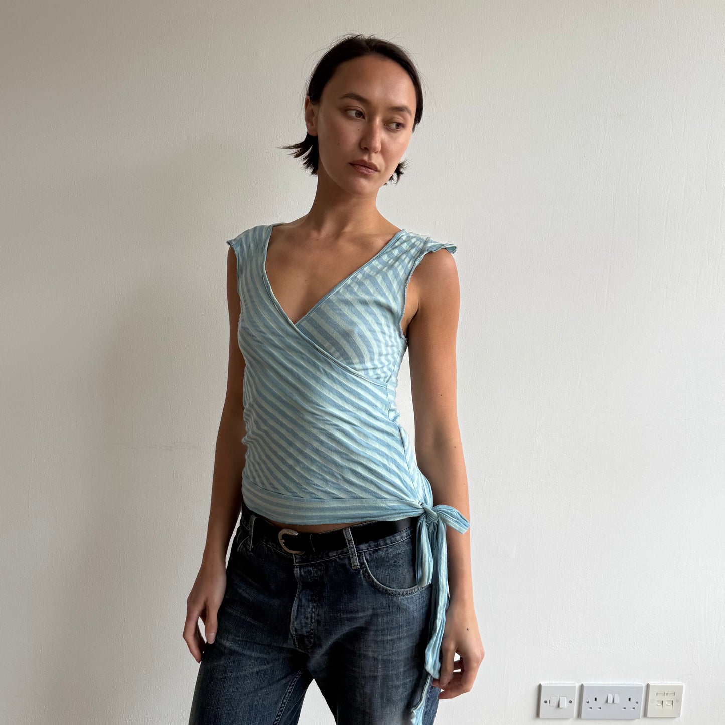 Teal striped ballet wrap top - Size M