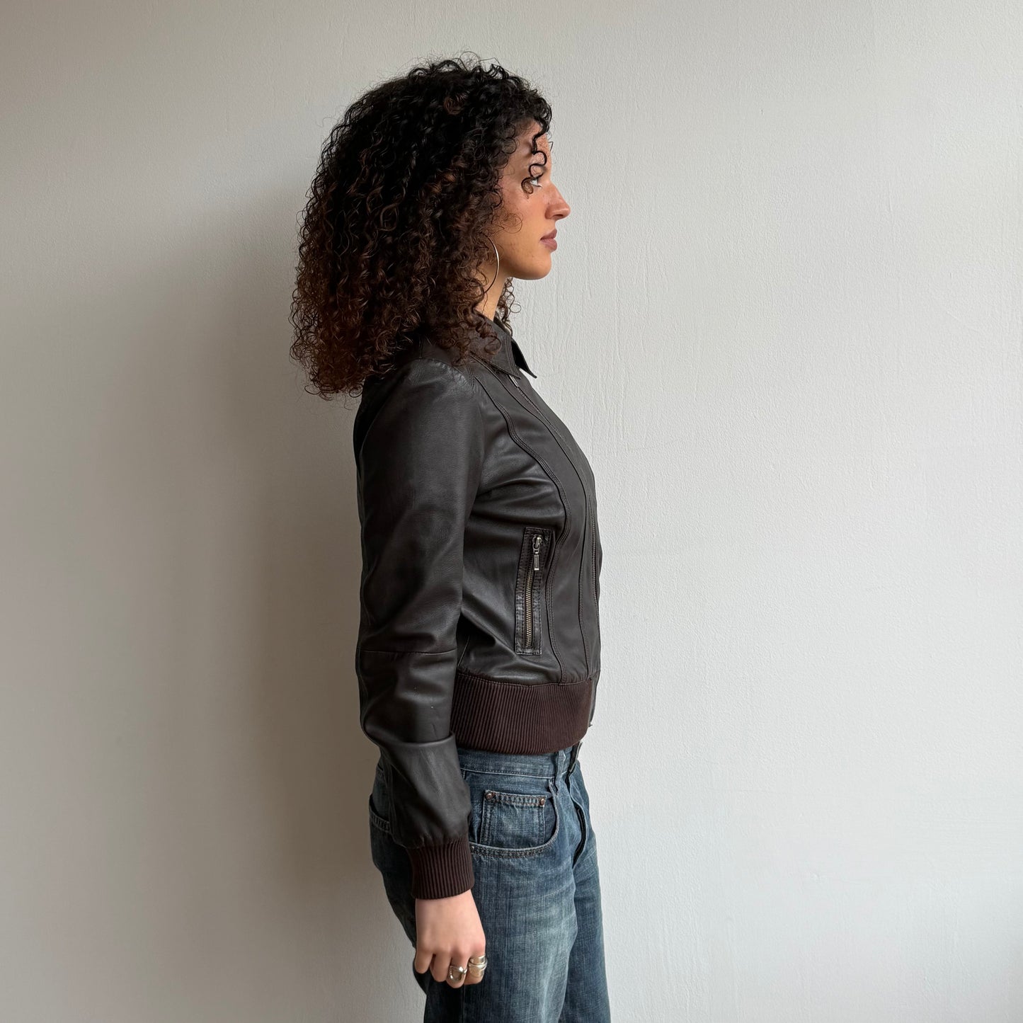 Brown asymmetric zip leather jacket - Size S