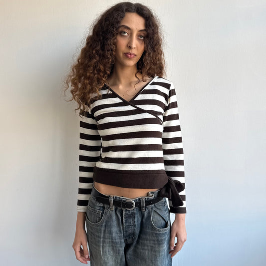 Brown + cream wrap jumper - Size S/M