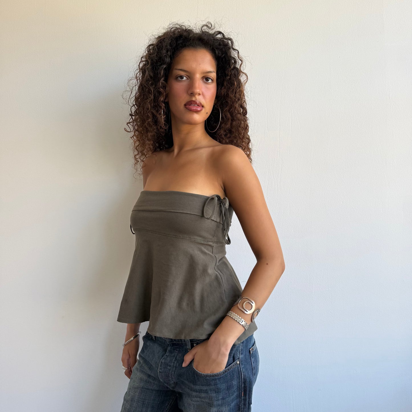 Khaki ruched bandeau top - Size S