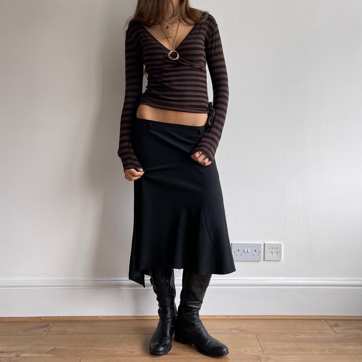 Brown stripe long sleeve wrap top - Size S