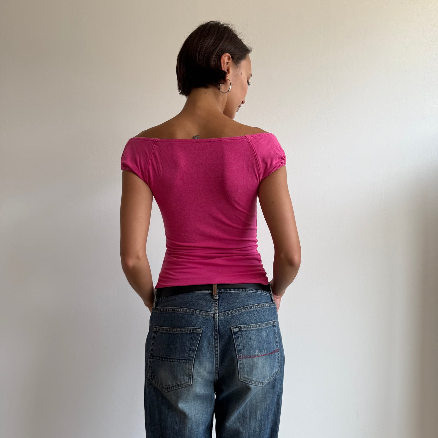 Hot pink button bardot top - Size S/M