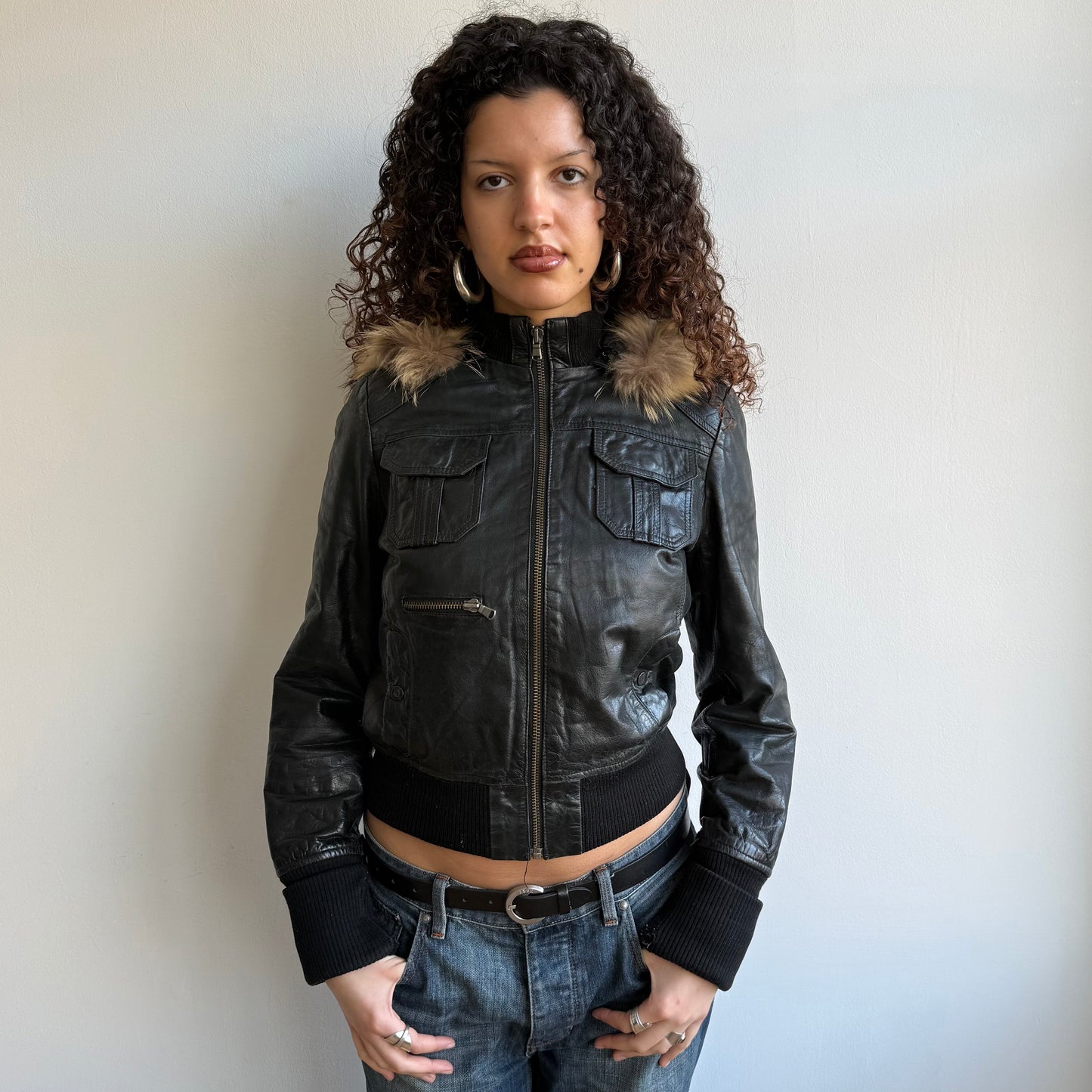 Black leather fur hood zip bomber - Size S/M