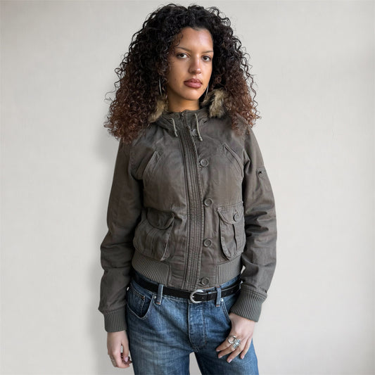 Khaki cargo bomber faux fur hood - Size S/M