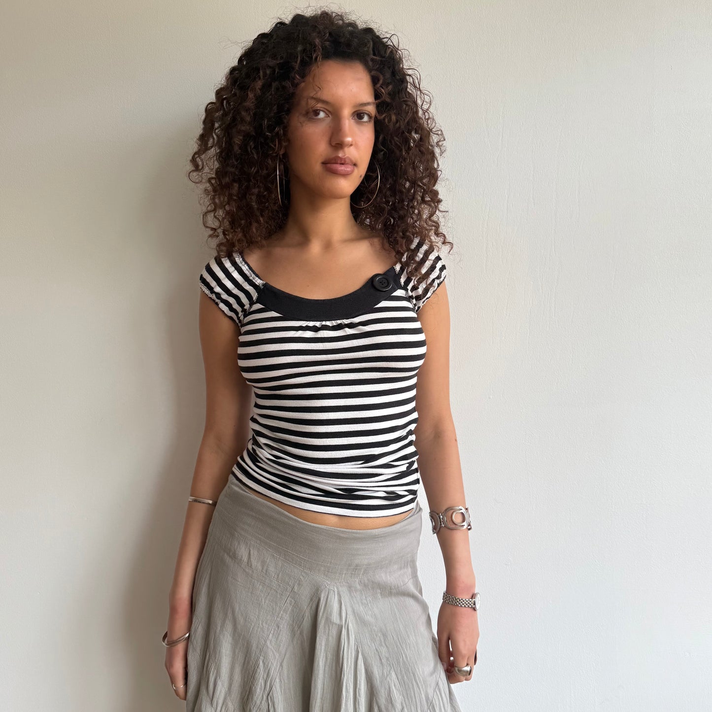 Black+ white striped button top - Size S