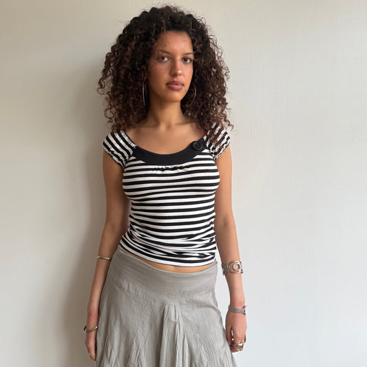 Black+ white striped button top - Size S