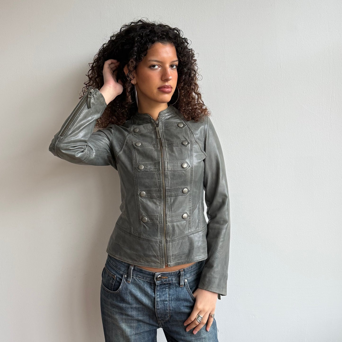 Grey leather military jacket - Size S