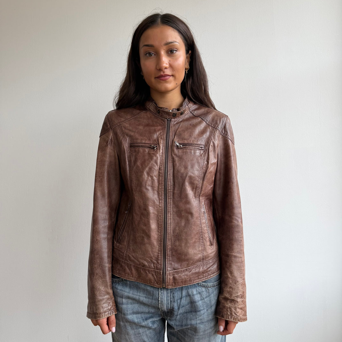 Brown leather motocross jacket - Size M
