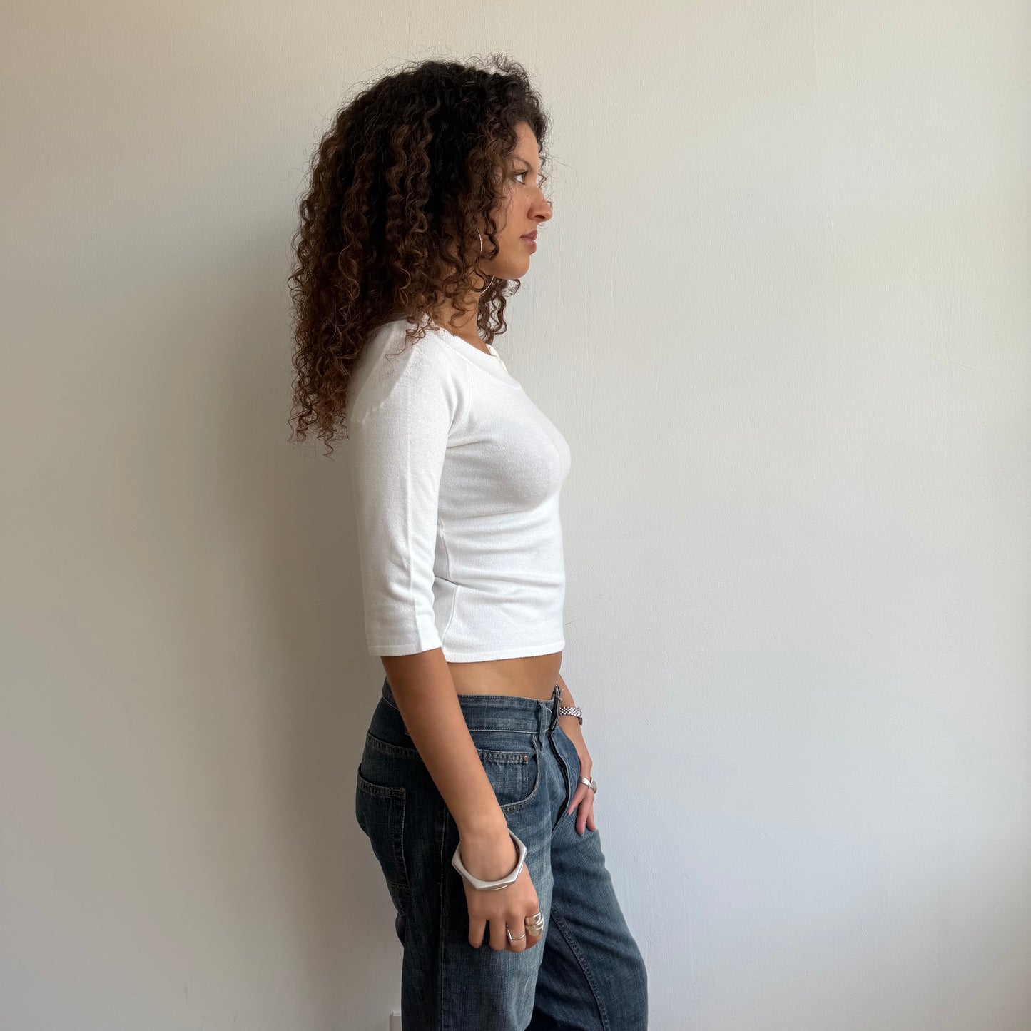 White 3/4 sleeve button knit -Size S