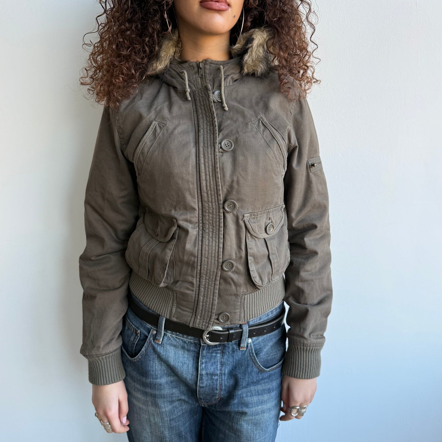 Khaki cargo bomber faux fur hood - Size S/M