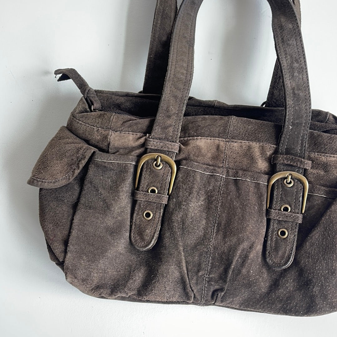 Brown suede buckle bag