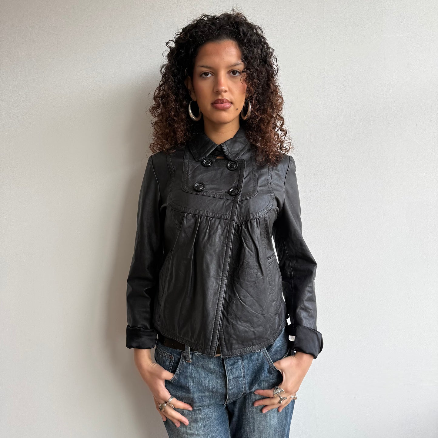Black leather peacoat - Size M