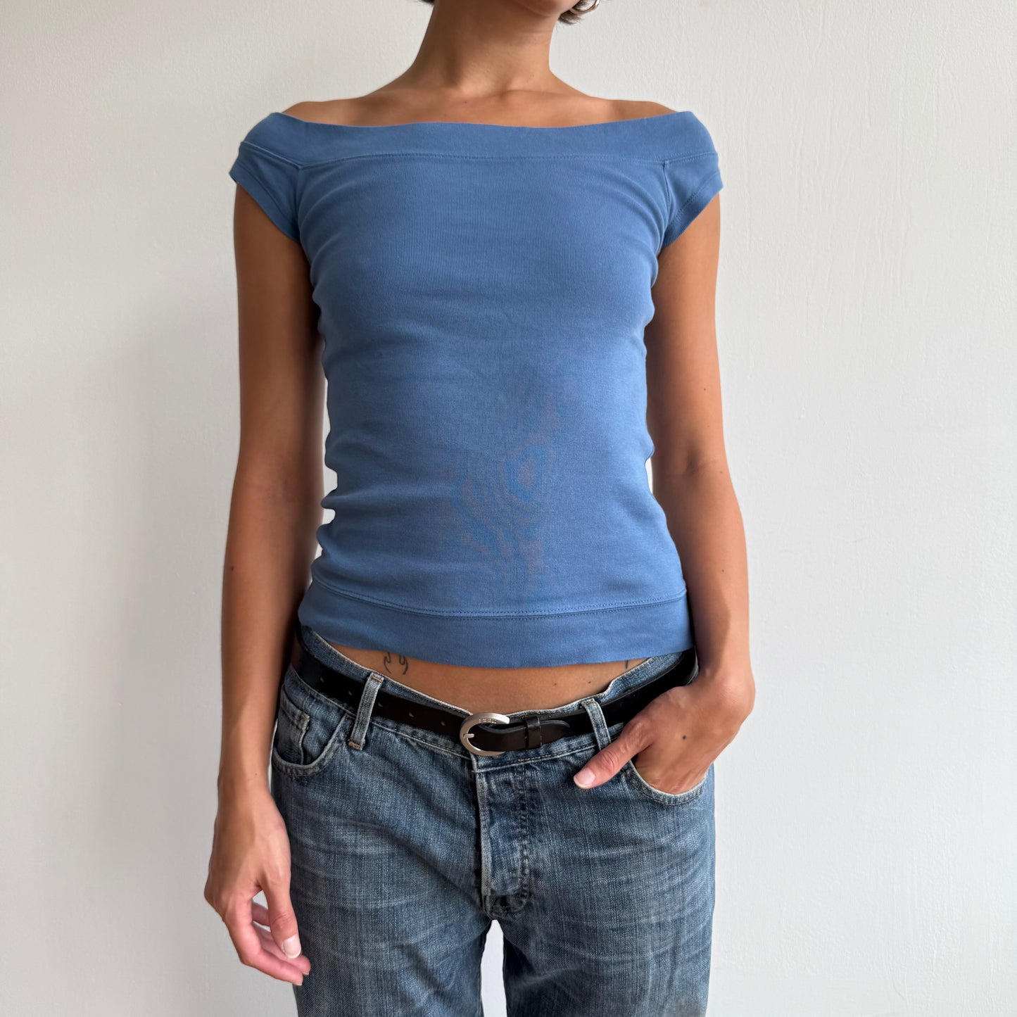 Blue Bardot baby tee - Size S/M