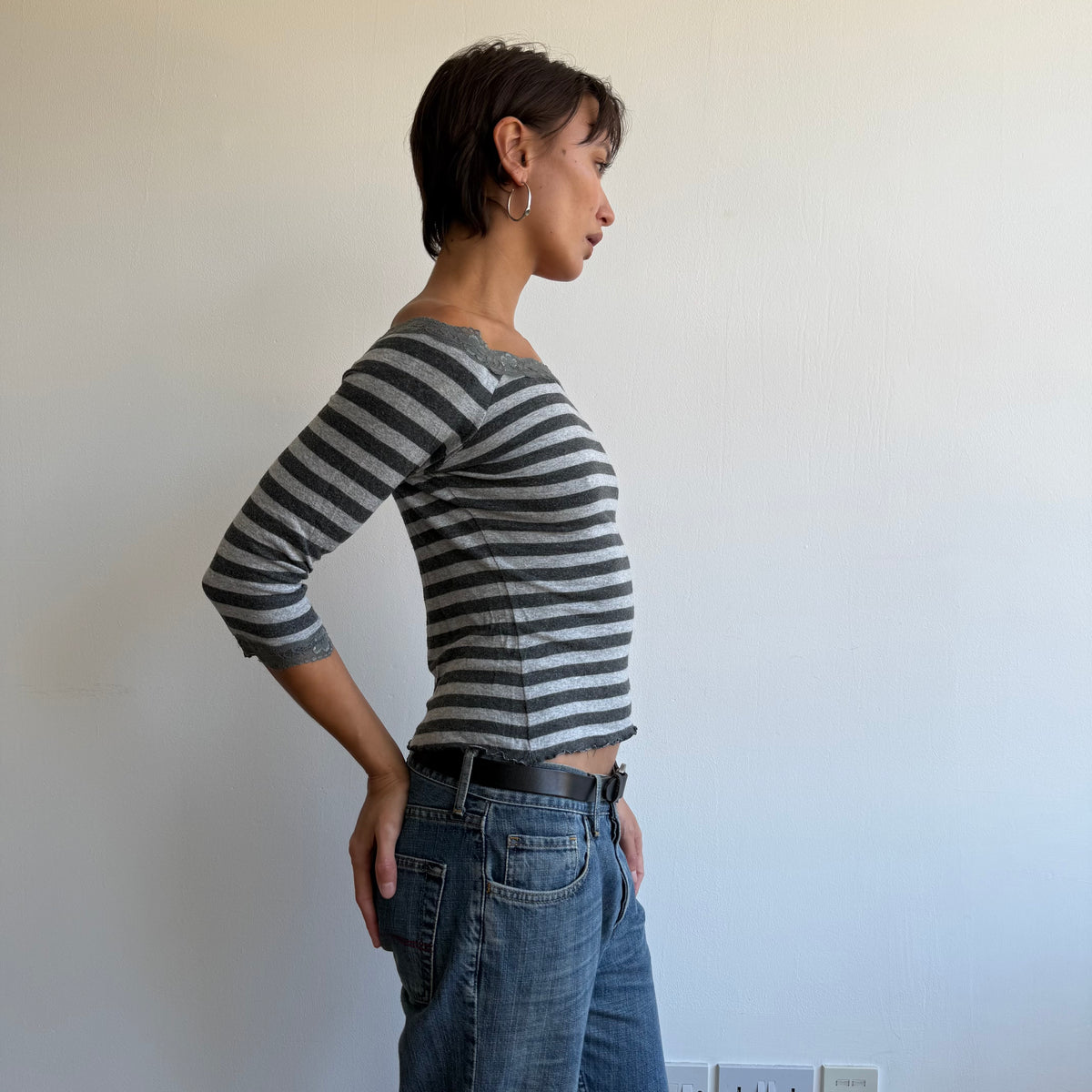 Grey striped lace 3/4 sleeve top - Size S