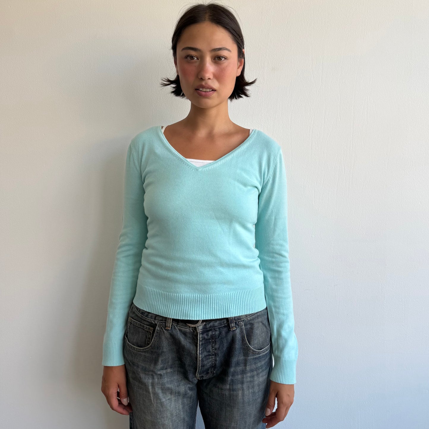 Turquoise v-neck knit jumper - Size S