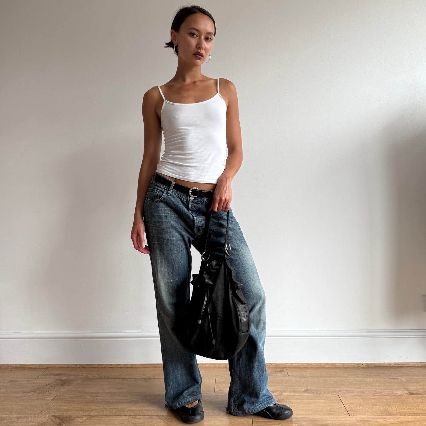 Black leather slouchy handbag - One Size