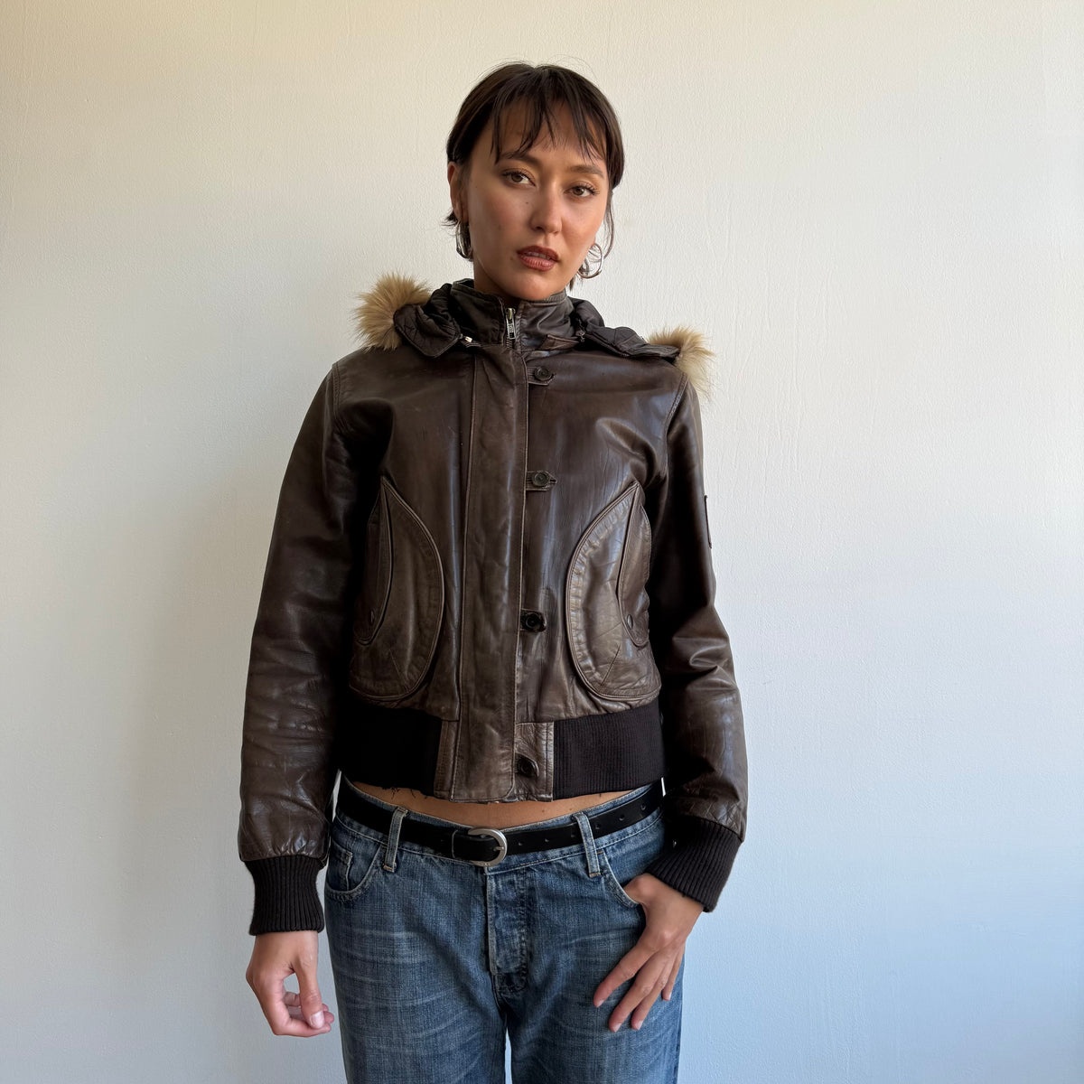 Brown leather fur hood bomber - Size M