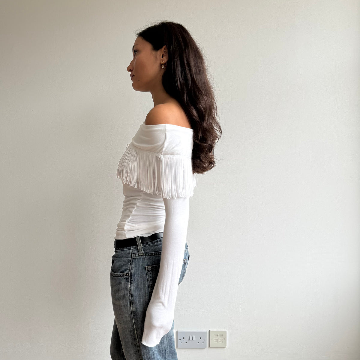 White fringe Bardot top - Size S-M