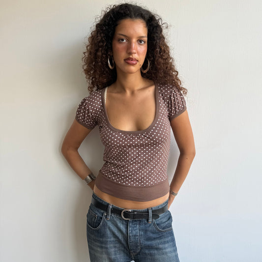 Brown polka dot keyhole top - Size S