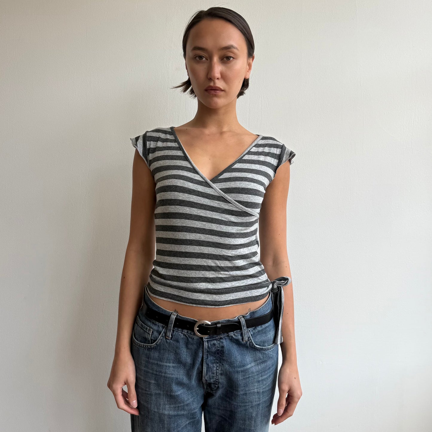 Grey striped wrap ballet top - Size S-M