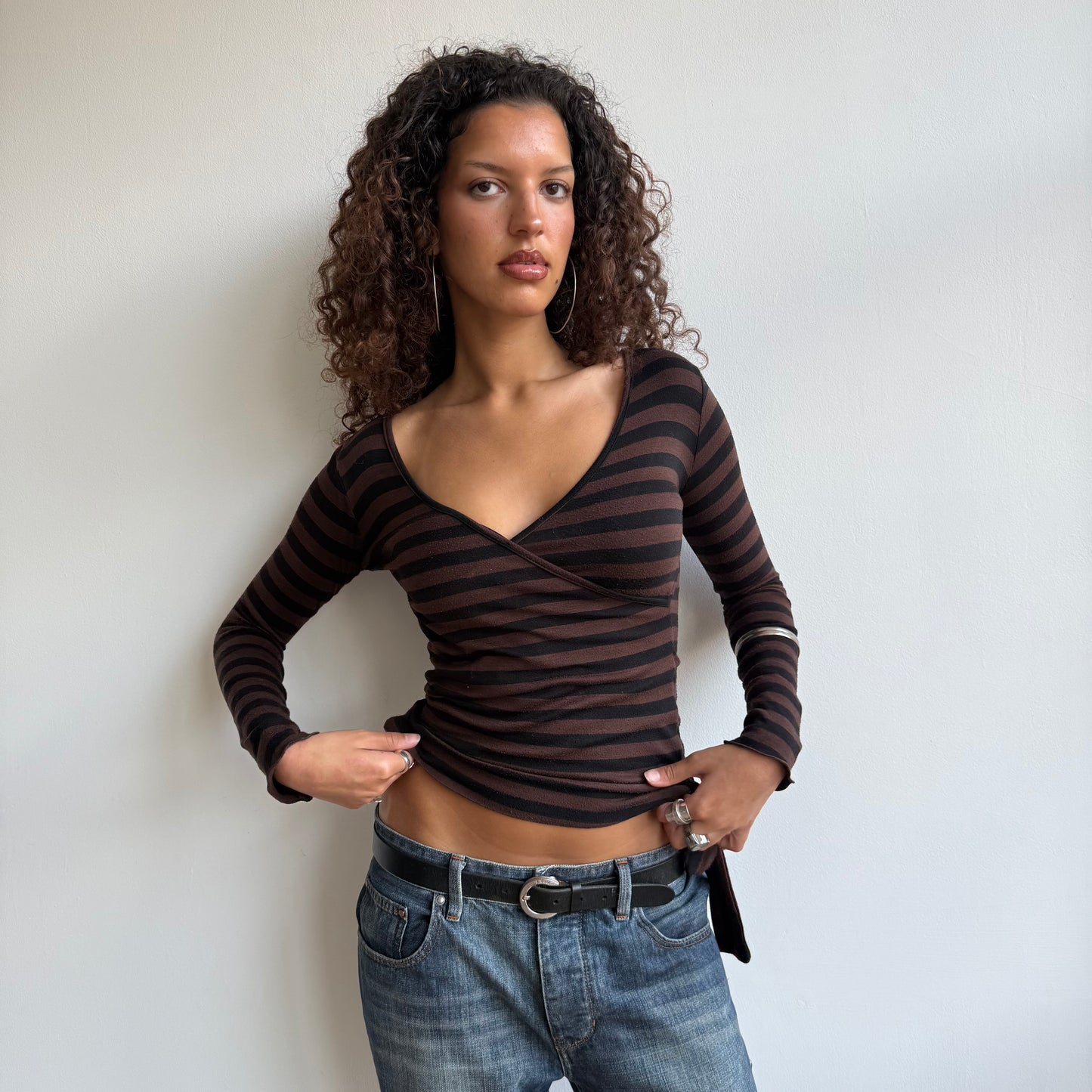 Brown striped long sleeve top - Size S