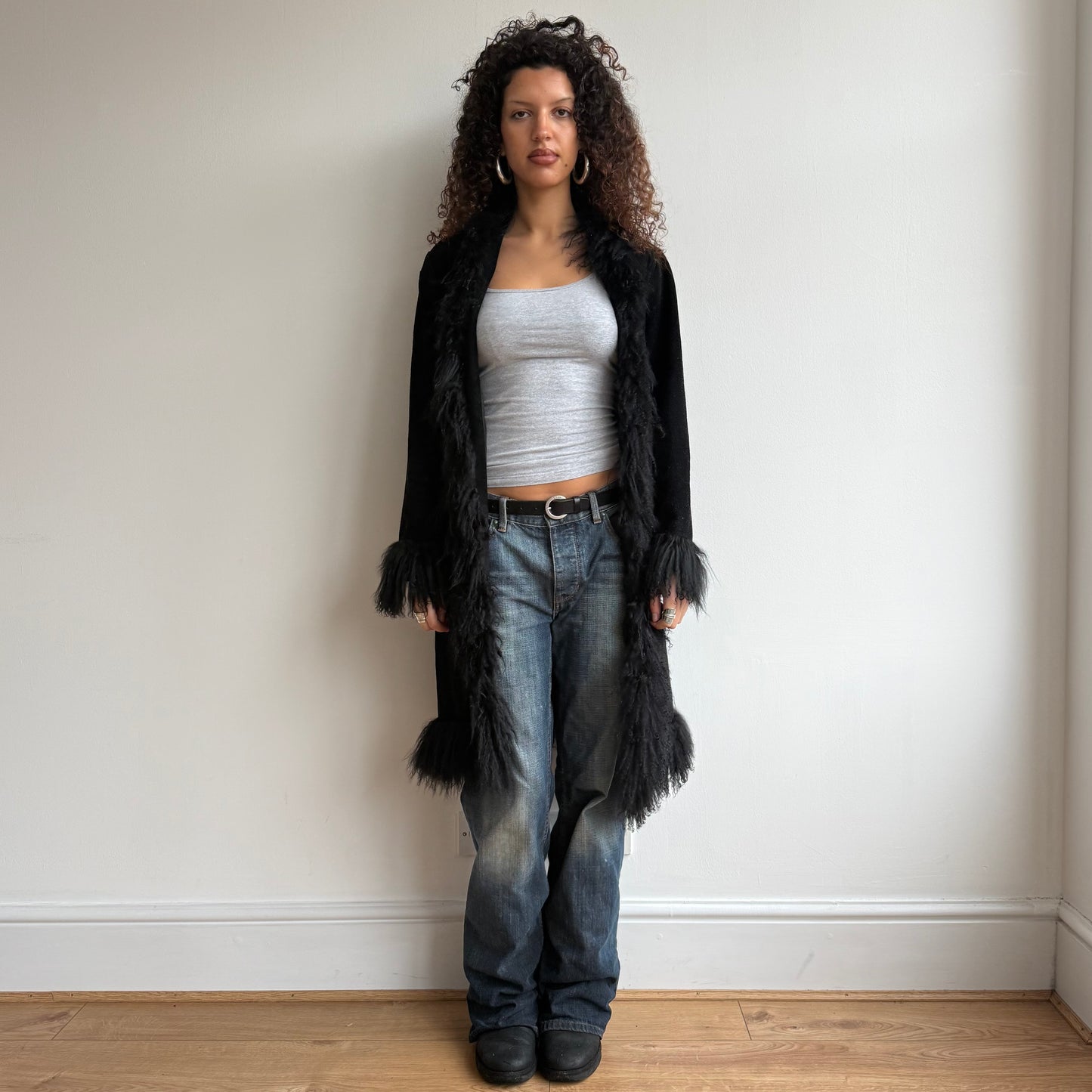 Black fur trim afghan coat - Size S/M