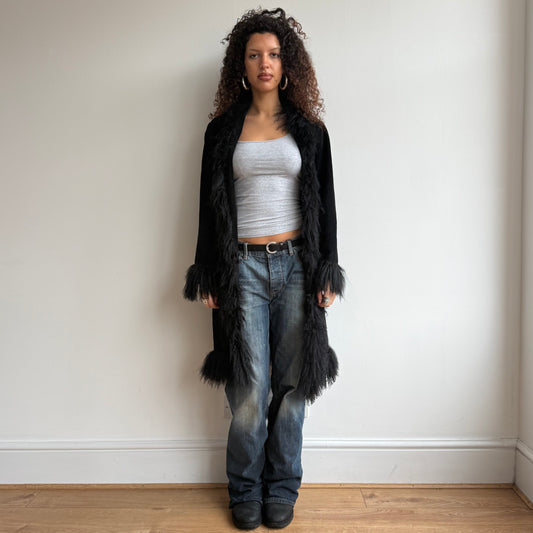 Black fur trim afghan coat - Size S/M