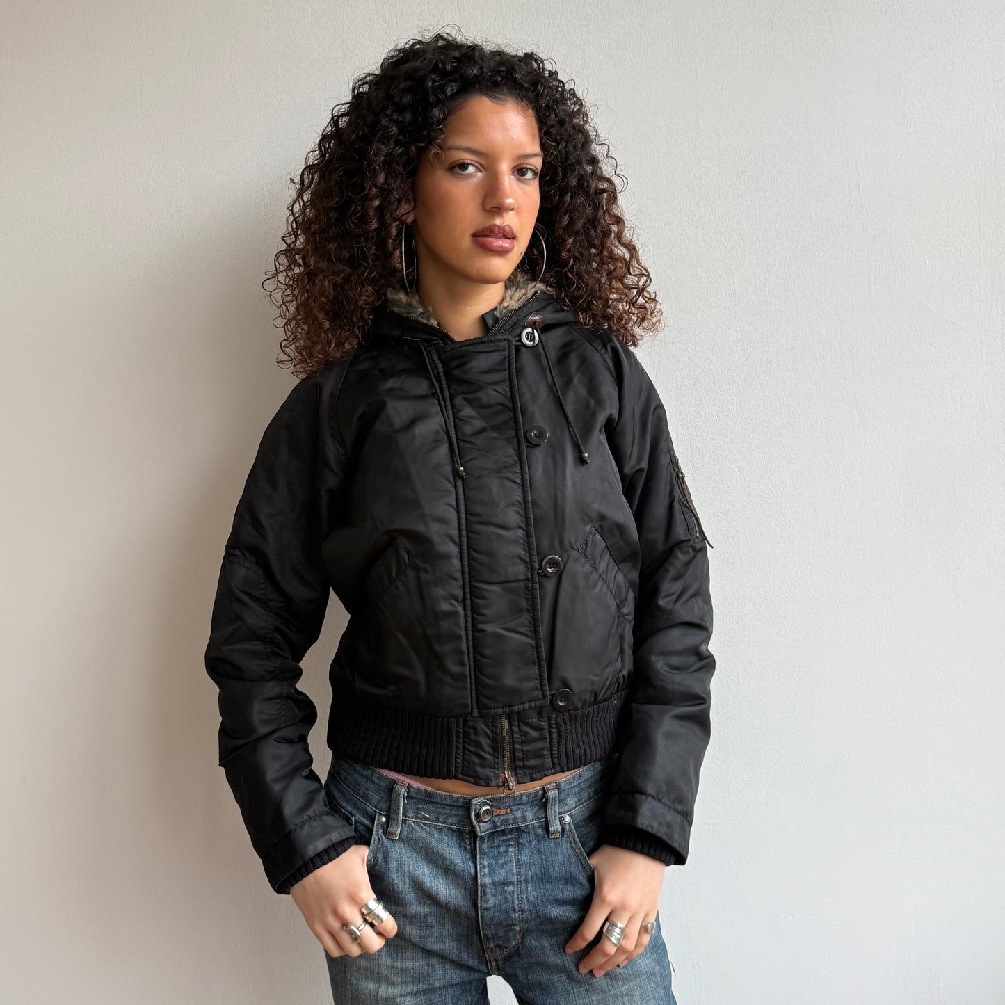 Black real fur hood bomber - Size S