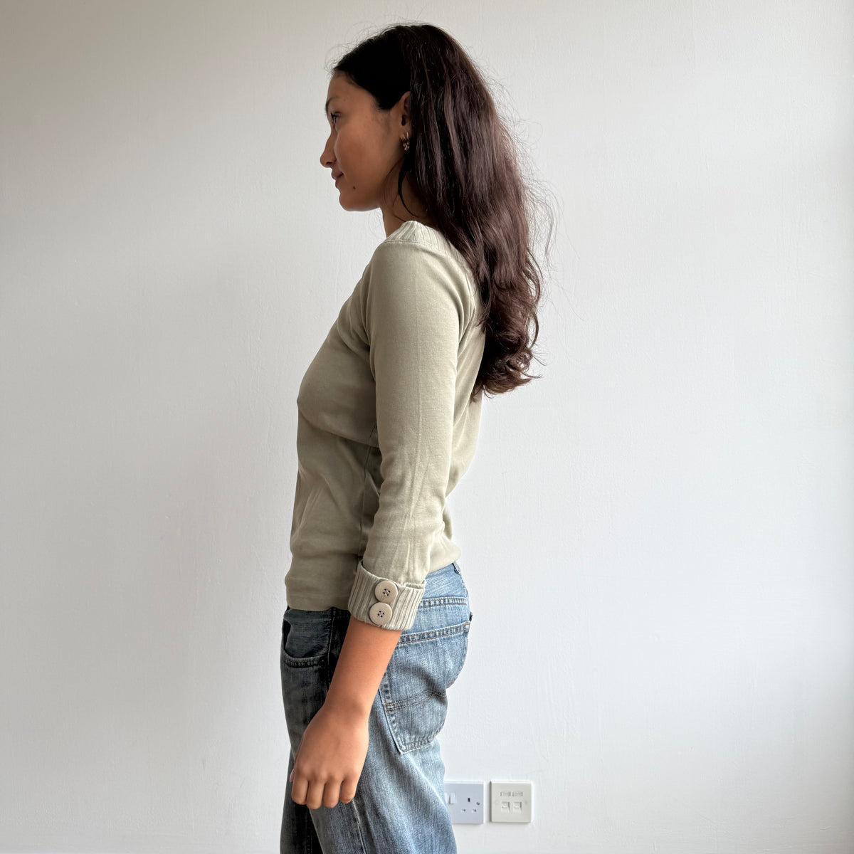 Khaki 3/4 sleeve button top - Size M
