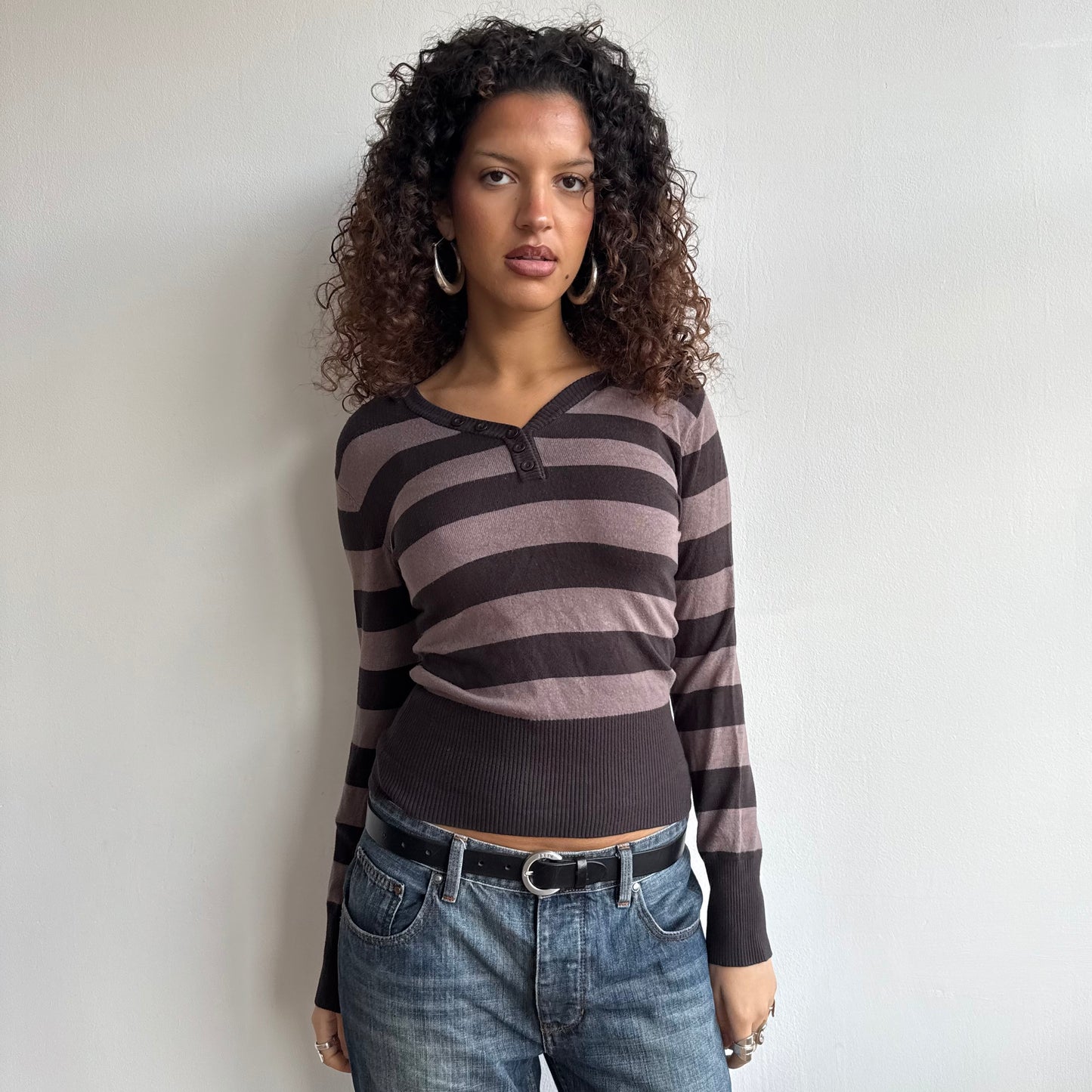 Brown striped knit hoodie - Size M-L