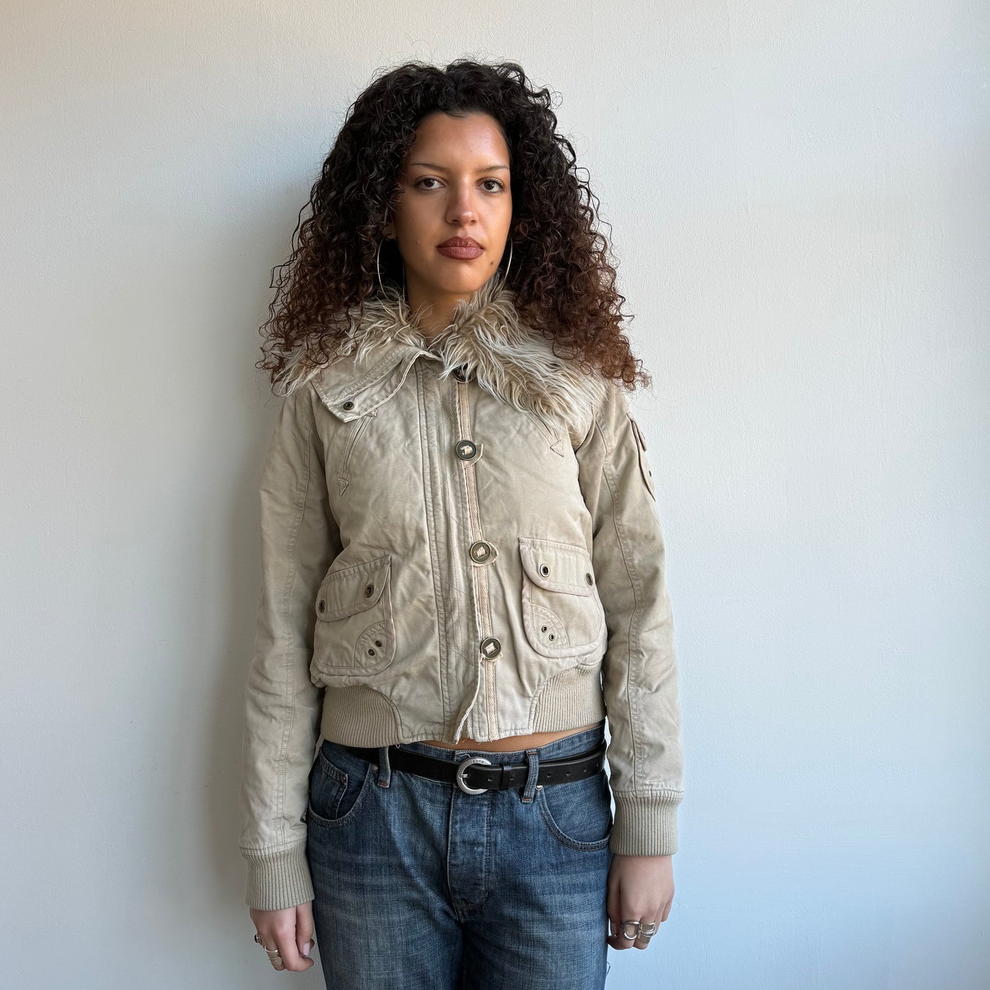 Beige fur collar bomber - Size M