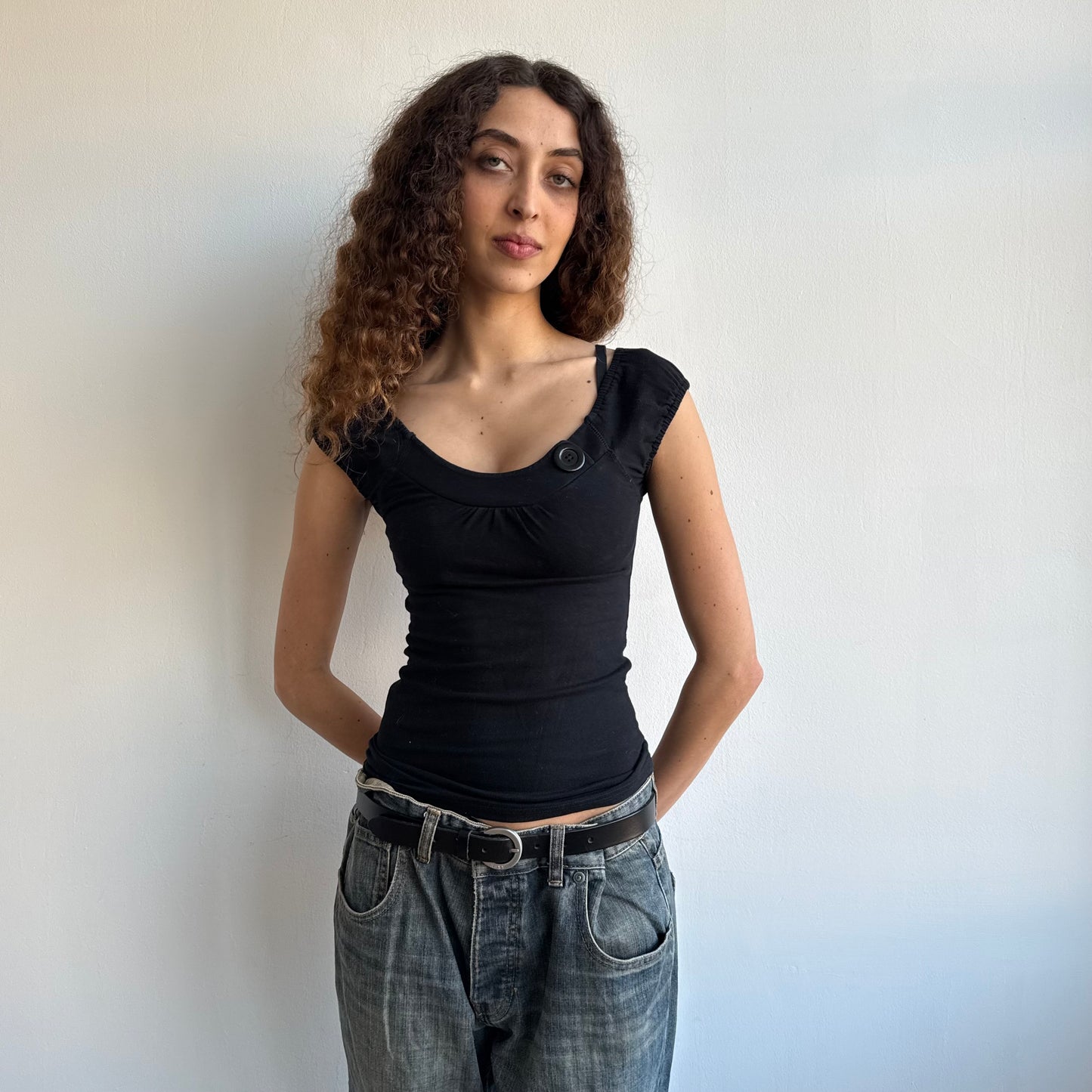 Black button bardot top - Size S