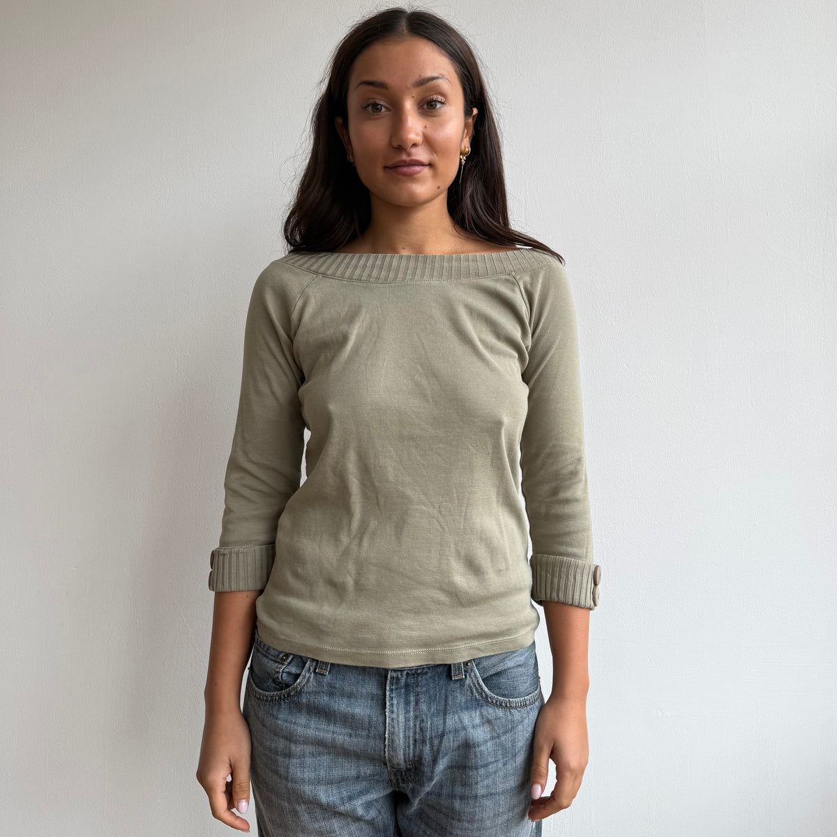 Khaki 3/4 sleeve button top - Size M